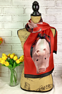 Pigs In A Blanket 100% Silk Scarf Red Pink Black NEW 54'' x 12'' 