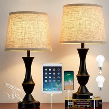 Touch Table Lamps Set of 2,22" Tall Bedside Lamps with USB C A Ports