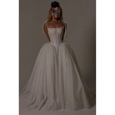 White Spaghetti Strap Glitter Wedding Dress Sleeveless Zip Back Ball Gown