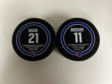 Bobby Baun & Howie Meeker Toronto Maple Leafs HOF Pucks *See Pics For Condition*