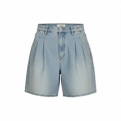 COS Pleated Denim Shorts 26 Light Blue High Waist Wide Leg Minimalist Scandi
