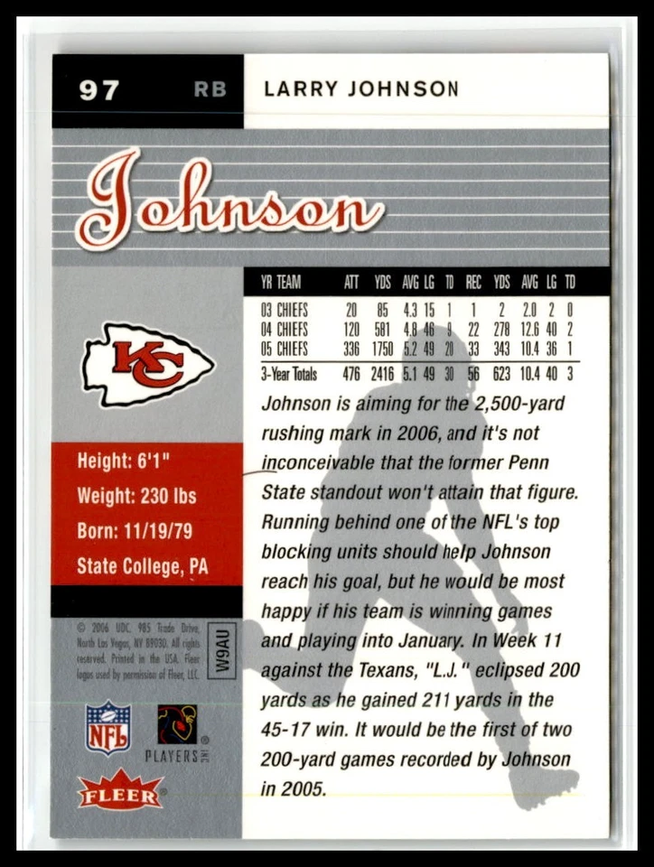 Larry Johnson 2006 Ultra #97 Kansas City Chiefs - Image 2 of 2