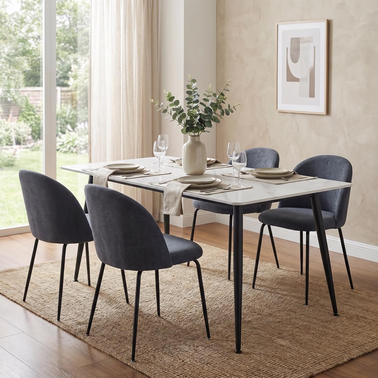 White Sintered Stone 5 Piece Dining Table Set Blue Upholstered Dining Chairs