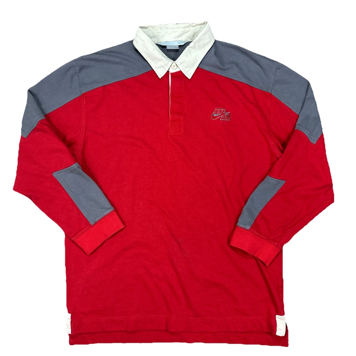Vintage Nike Air Rugby Polo Shirt Long Sleeve Two Tone Red Gray 