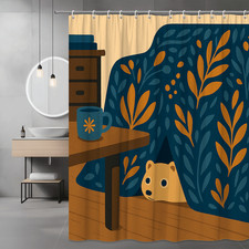Bear Under Table Leaf Print Shower Curtain