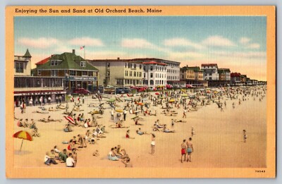 Vintage Postcard Enjoying the Sun and Sand Old Orchard Beach Maine ME Linen UNP