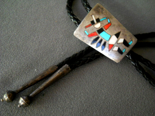 Old Zuni Native American Multi-Stone Rainbow Man Inlay Sterling Silver Bolo Tie - Picture 1 of 10