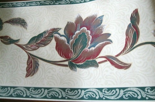 Wallpaper Border Floral Flower Ivory Wine Green Jaquard Moire Wall 80850  NIP - Picture 2 of 2