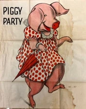 Antique PIGGY PARTY  pin-on party game by Selchow & Righter ~ 1916 ~ Stained