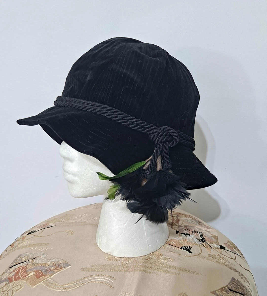 Vintage Yves Saint Laurent Rive Gauche YSL Velvet Floppy Hat Feathers  21.5"