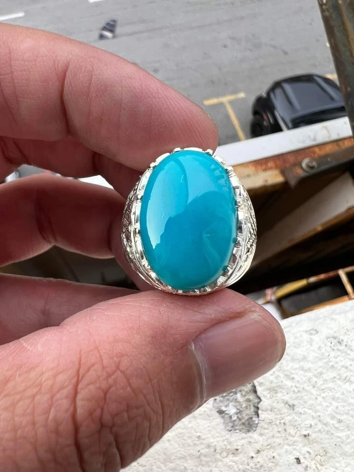 Anillo de oro blanco de 14k con piedras preciosas turquesa natural para hombre #1666 Foto 2 de 4