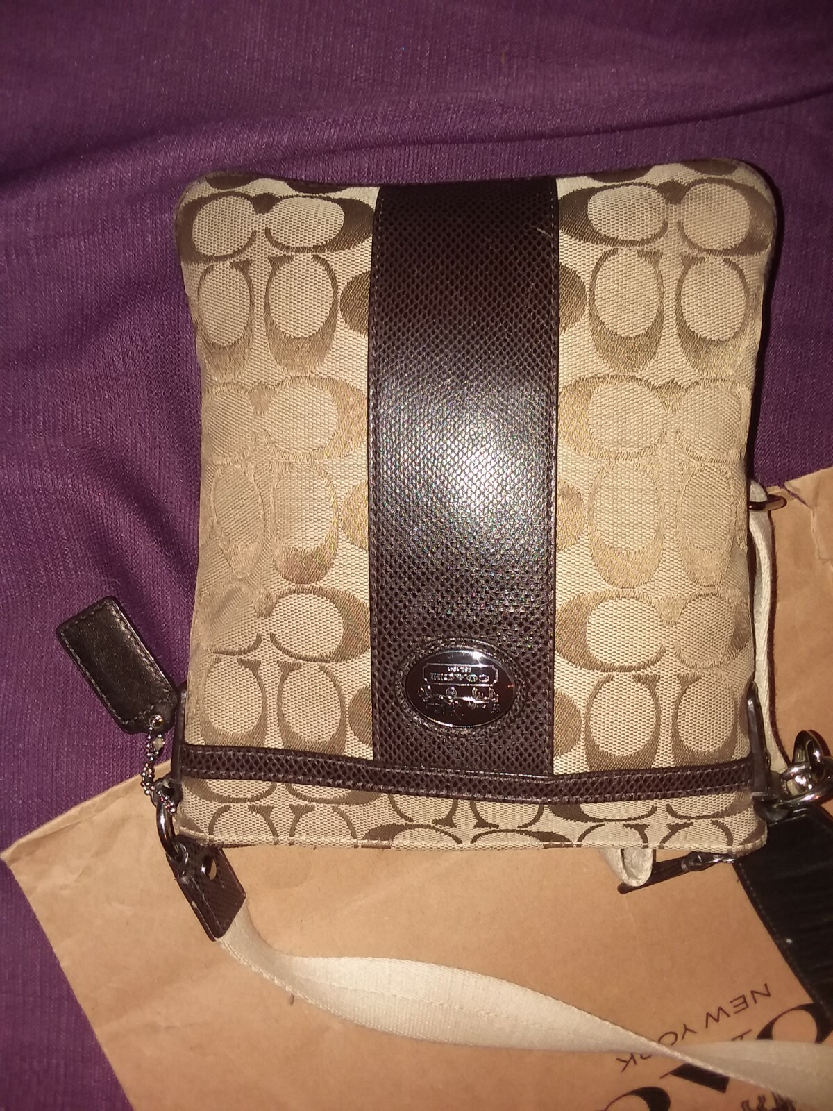 COACH Light Khaki Legacy Brown Striped Signature Cros… Gem