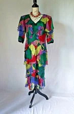 Vintage Holly Harp Chiffon Ruffle Midi Dress Shoulder Pad Multi-color Chest 36"