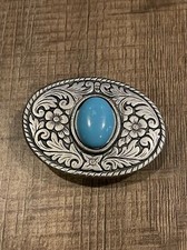 Vintage Belt Buckle Faux Silver With Blue Center And Flowers