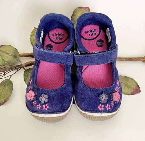 Stride Rite Girls Alise Floral Navy Blue/Pink Leather Mary Jane Shoes NWB Size 7 - Picture 3 of 12