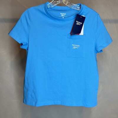 Reebok Women's Bold Cyan Training Identity Classic logo Pocket T-Shirt|Size:S