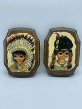 Native American Children Vintage Retro Decor Pair 3D Wall Plaques Textured