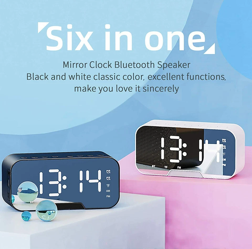 Despertador digital rádio FM sem fio Bluetooth espelho LED com alto-falante portátil - Imagem 4 de 4