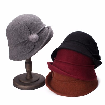 Womens Vintage Asymmetrical Upturn Brim Wool Cloche Bucket
