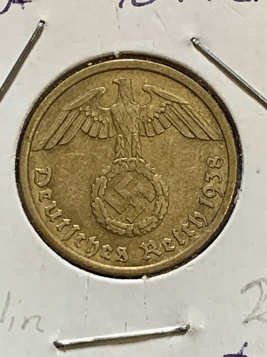 GERMAN Coin 1938 A 10 REICHSPFENNIG SWASTIKA BRASS 3RD REICH WW2 + UNC + Pfennig