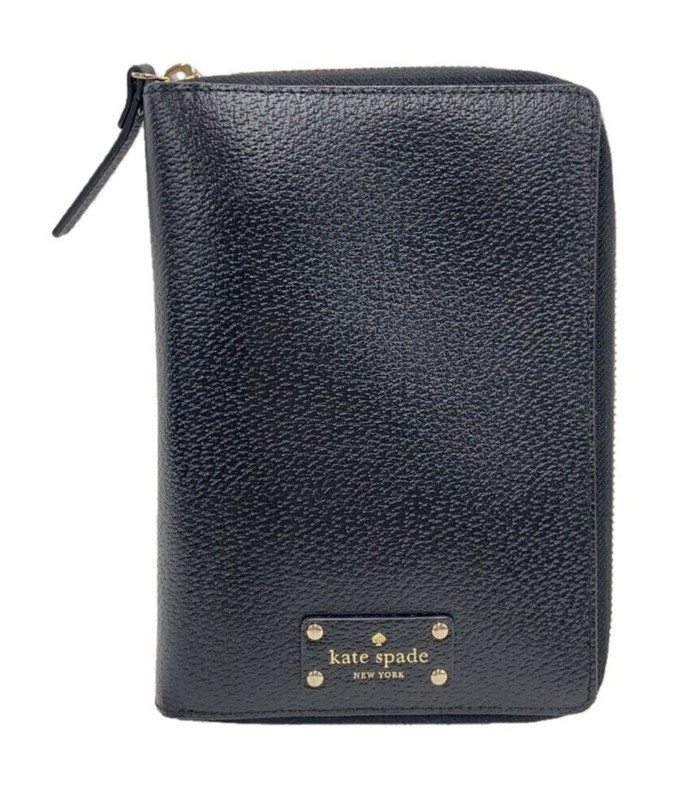 KATE SPADE Wellesley zip around personal organizer in rich black leather. 6”x8”