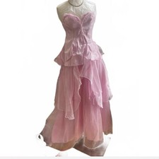 Vintage Strapless Pink Ruffled Organza Evening Dress Medium