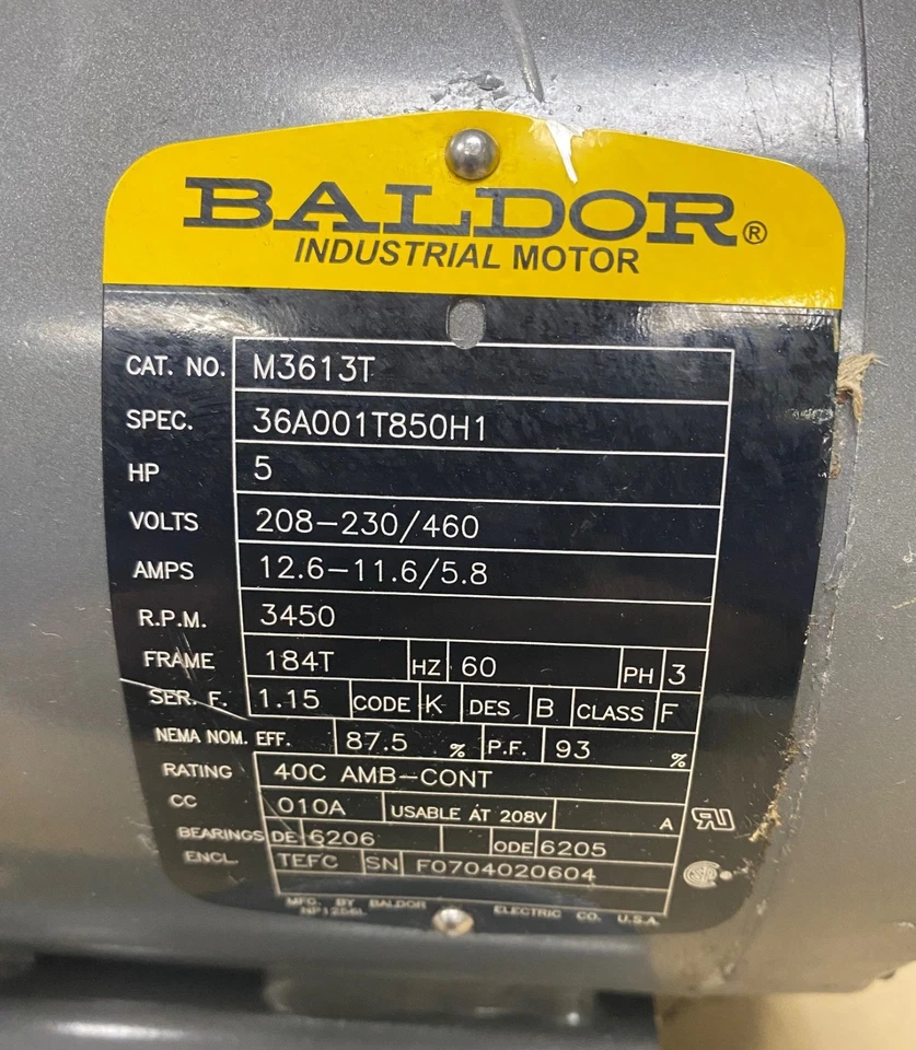 BALDOR M3613T MOTOR 3PH 5HP RPM 3450 203-230/460V 12.6-11.6/5.8A - Image 2 of 4