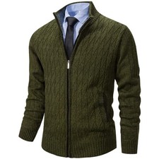 Mens Cardigan Sweaters Full Zip Up Stand Collar Casual Medium Army Green