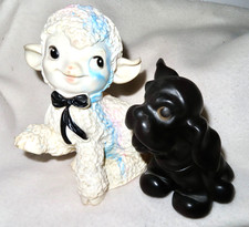 Vintage lot/2 Rubber Squeak Toys, Black Dog Lamb, 1950s-60s