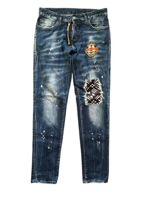 DSQUARED2 Cool Guy Slim Jeans 48 Blue Distressed Paint Splatter Patch Zip Fly