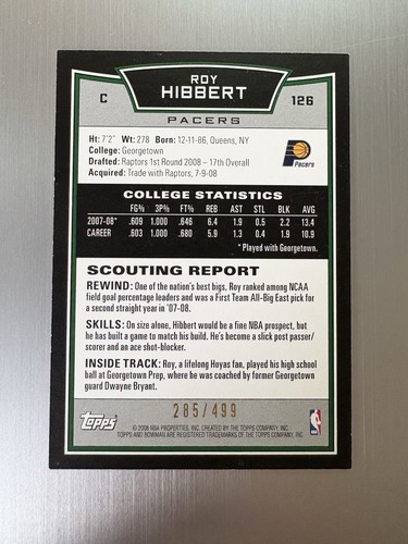 Roy Hibbert 2008-09 Bowman Draft Picks & Stars #126 azul claro #d/499 Pacers radiocontrol - Imagen 2 de 2
