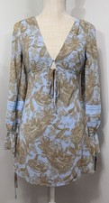 NEW Urban Outfitters Paisley Boho Charlene Blue Motif Long Sleeve Mini Dress XS