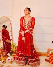 Latest Faux Georgette Red Top Palazzo With Dupatta For Reception  Party Wear