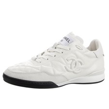 Authentic CHANEL CC White Calfskin Quilted Lace-Up Sneaker Size 37