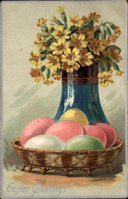 Easter Centerpiece Flowers Vase Colorful Eggs Dish Embossed Tuck c1900s-20s PC