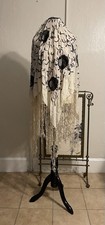 1930s Silk Vintage Piano Shawl with Fringe and Embroidery Black and White
