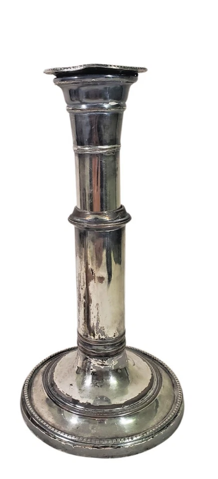 Antiguo par de candelabros antiguos Sheffield placa deslizantes borde con cuentas c. 1810 Foto 4 de 4