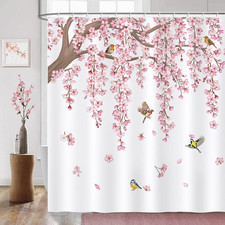 Pink Cherry Blossom Shower Curtain, Spring Floral Japanese Sakura Birds Showe...