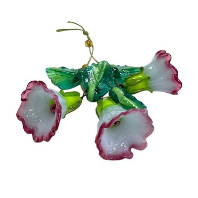 Handmade Lampwork Pink Flowers & Green Leaves Sculpted Glass 7 Piece Bead Set