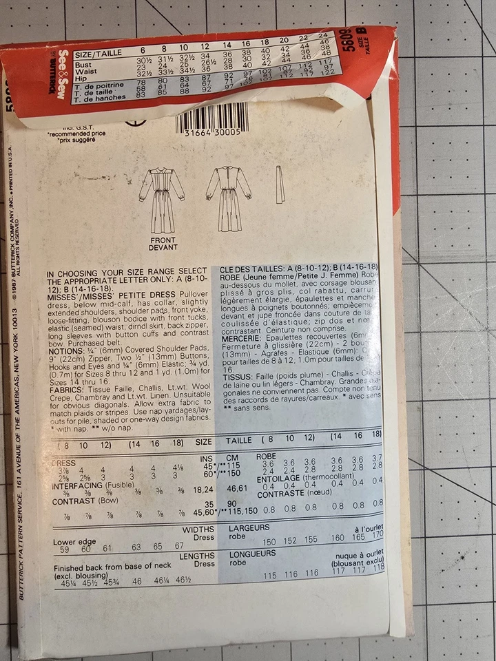 Vestido sin cortar 5809 Butterick See & Sew Vintage 1987 patrón de costura talla 14-16-18 Foto 2 de 2