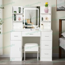 Vanity Desk with LED Lighted Mirror Makeup Table w/ 3-Color Dimmable LED Lights