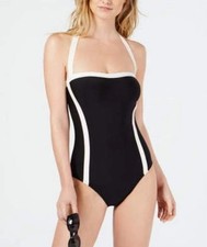  108 DKNY Colorblocked Halter One-Piece Swimsuit Black 10- NWT