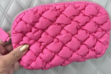 Pink Quilted Fabric Makeup Bag Zippered Closure