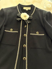 St. John knit Black Jacket w/ White / beige Trim Bow Flower Collared Pockets 6
