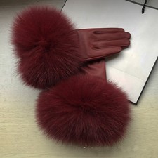 Women's Real Sheepskin Leather Gloves Fox Fur Cuffs Mittens Winter Warm Glove