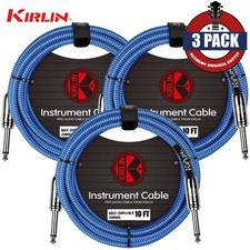 3-PACK Kirlin 10FT 1/4" Straight Mono to Same Woven Blue Instrument Cable