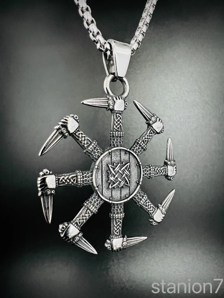 Kolovrat Anhänger Edelstahl Kette Wikinger Hand Schwert Schild Knoten Biker 390B - Bild 2 von 4