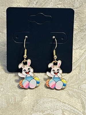 Cute Easter Bunny Eggs Charm Gold Drop Dangle Adorable Fashion Fun Earring Set