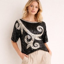 Vintage 1980s Black Silver Sequin Silk Party Blouse Evening Top S