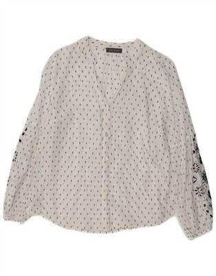 Neuwertige grafische Damen-Shirtbluse Samt UK 14 Large weiß Blumenmuster Baumwolle AO07